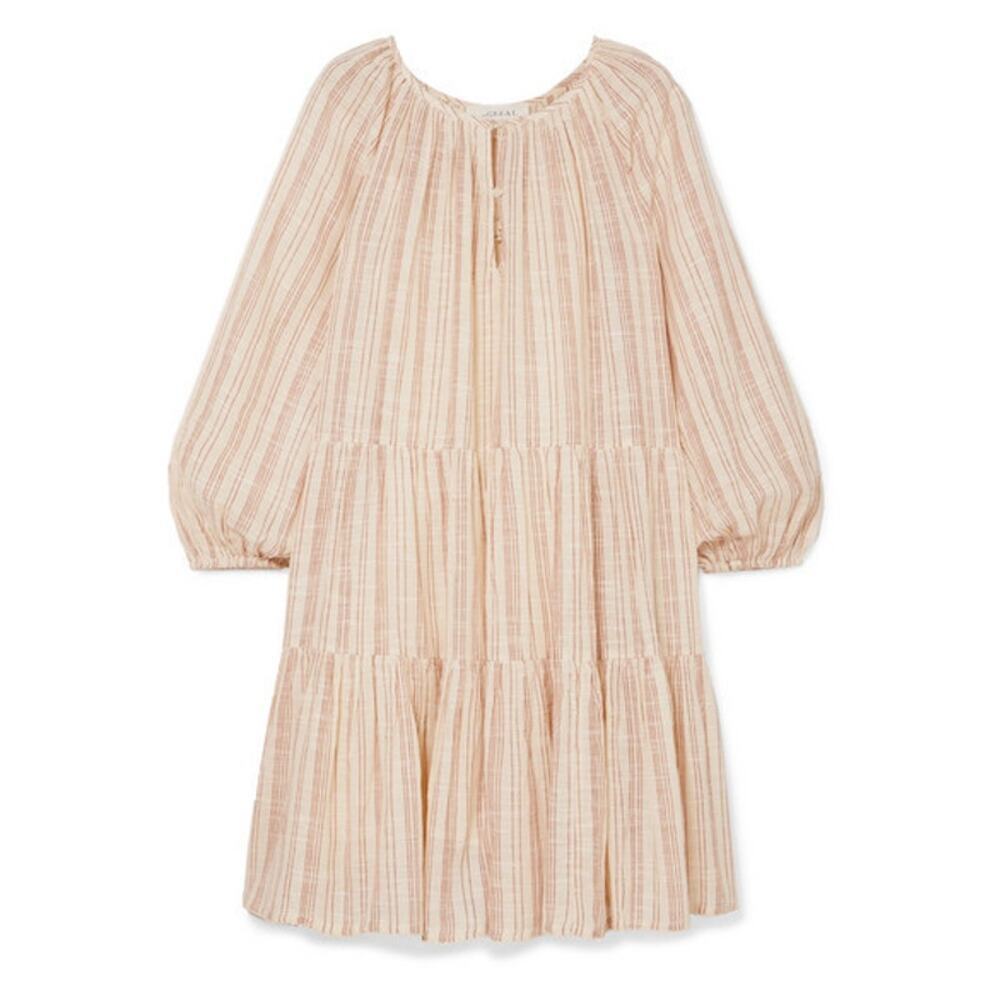 The Great. Prairie Oversized Boho Chic Dress Natural Beige Stripe Womens 0 XS - Picture 3 of 7